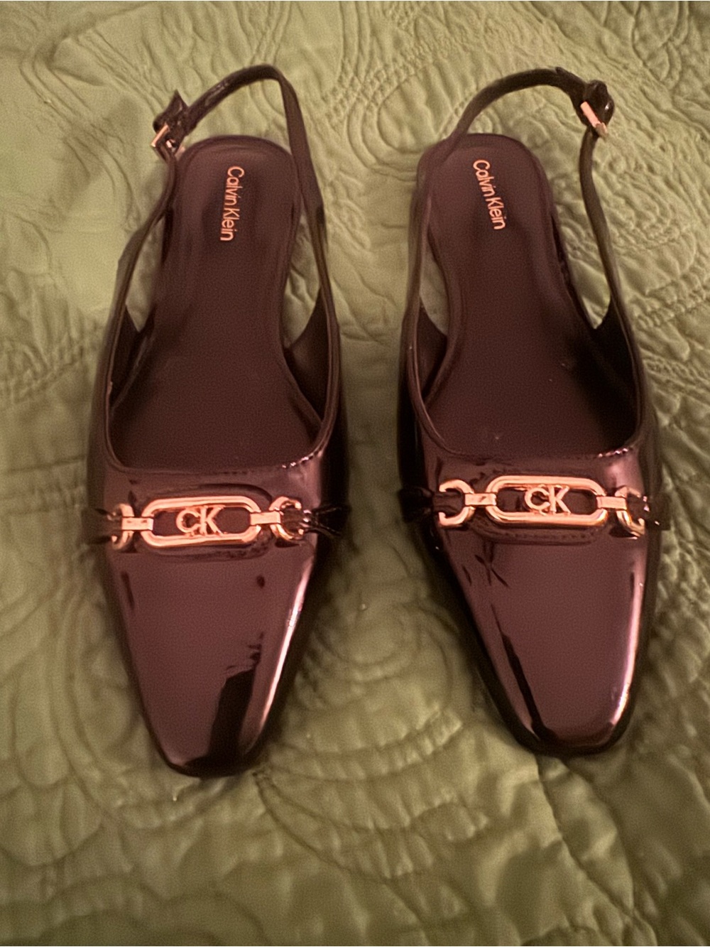 Calvin Klein Women's Black  Patent Slingback Flats with Gold CK Accent